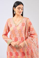 AYAT ORANGE MULTI COLOR BANDHANI KURTA WITH PALLAZO AND ORGANZA DUPATTA