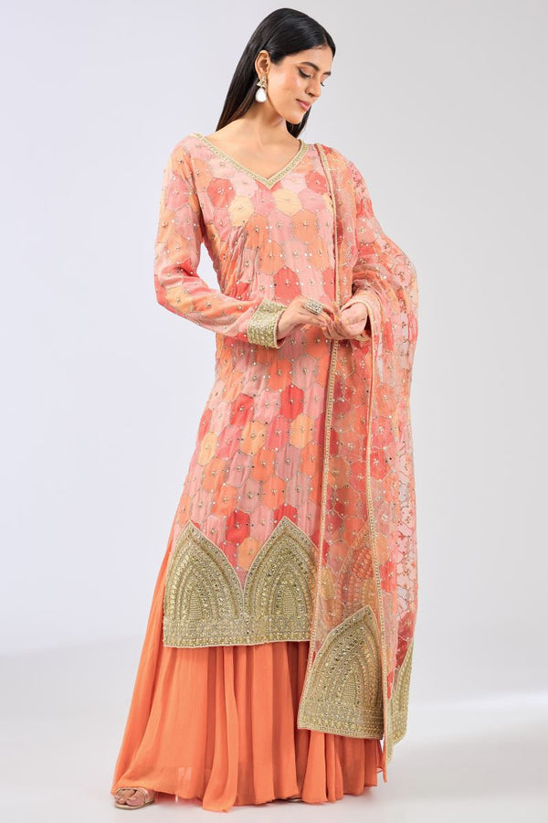 AYAT ORANGE MULTI COLOR BANDHANI KURTA WITH PALLAZO AND ORGANZA DUPATTA