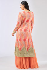 AYAT ORANGE MULTI COLOR BANDHANI KURTA WITH PALLAZO AND ORGANZA DUPATTA