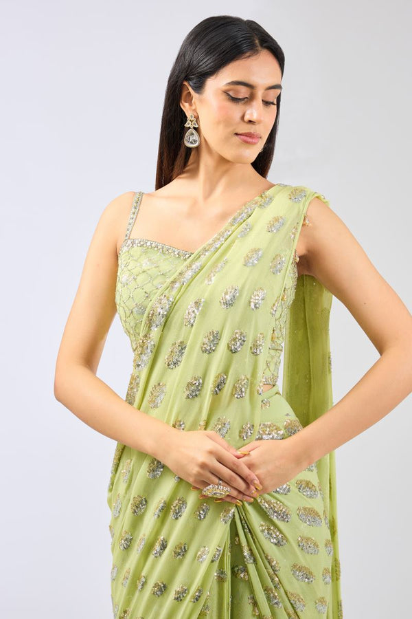 SAIRRA LIME GREEN GEORGETTE  GOLD /SILVER SEQUIN BURST STITCH SAREE SET