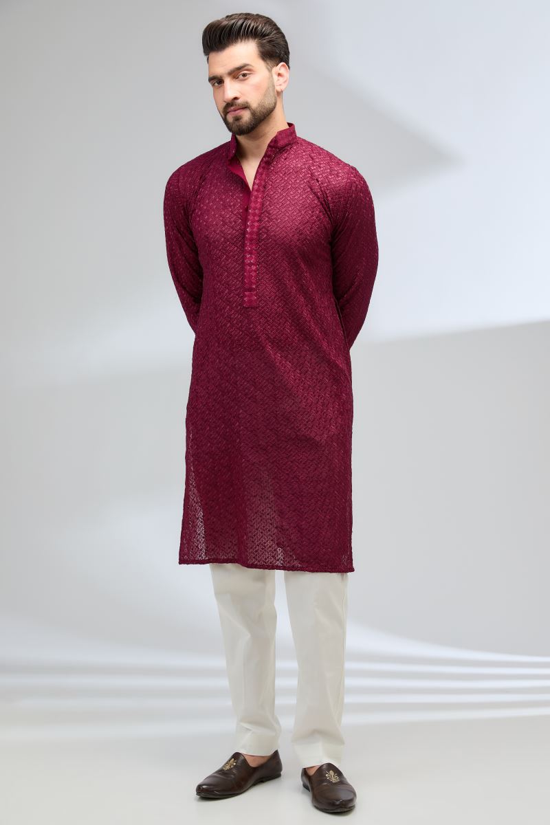 OX BLOOD GEORGETTE FULLY THREAD KURTA WITH PANTS