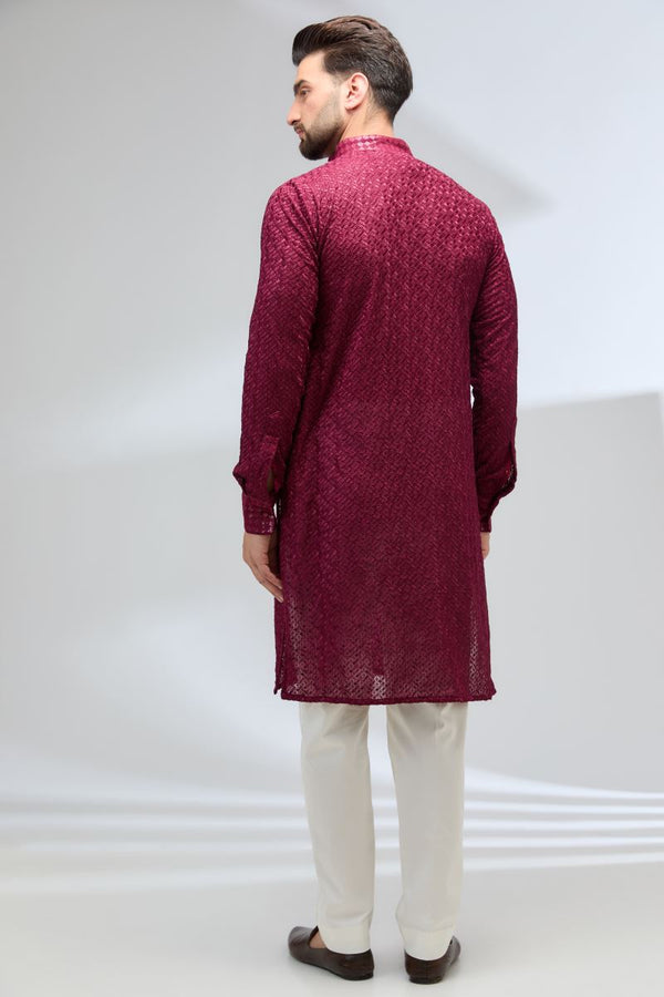 OX BLOOD GEORGETTE FULLY THREAD KURTA WITH PANTS