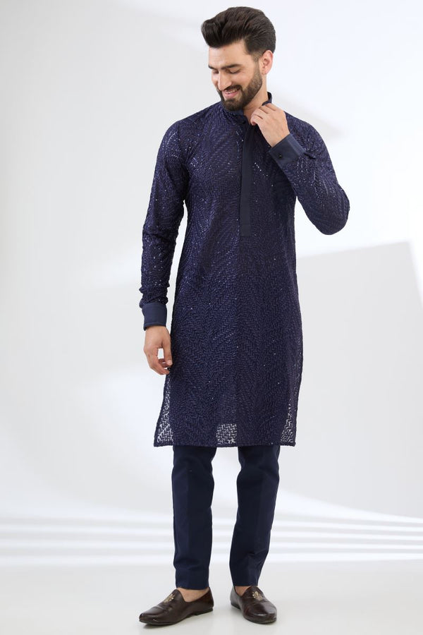 BLUE FULLY THREAD WORK AND SEQUINS KURTA WITH PANTS