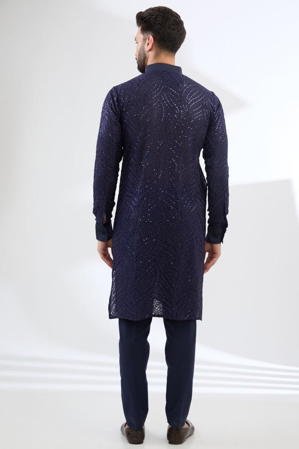 BLUE FULLY THREAD WORK AND SEQUINS KURTA WITH PANTS