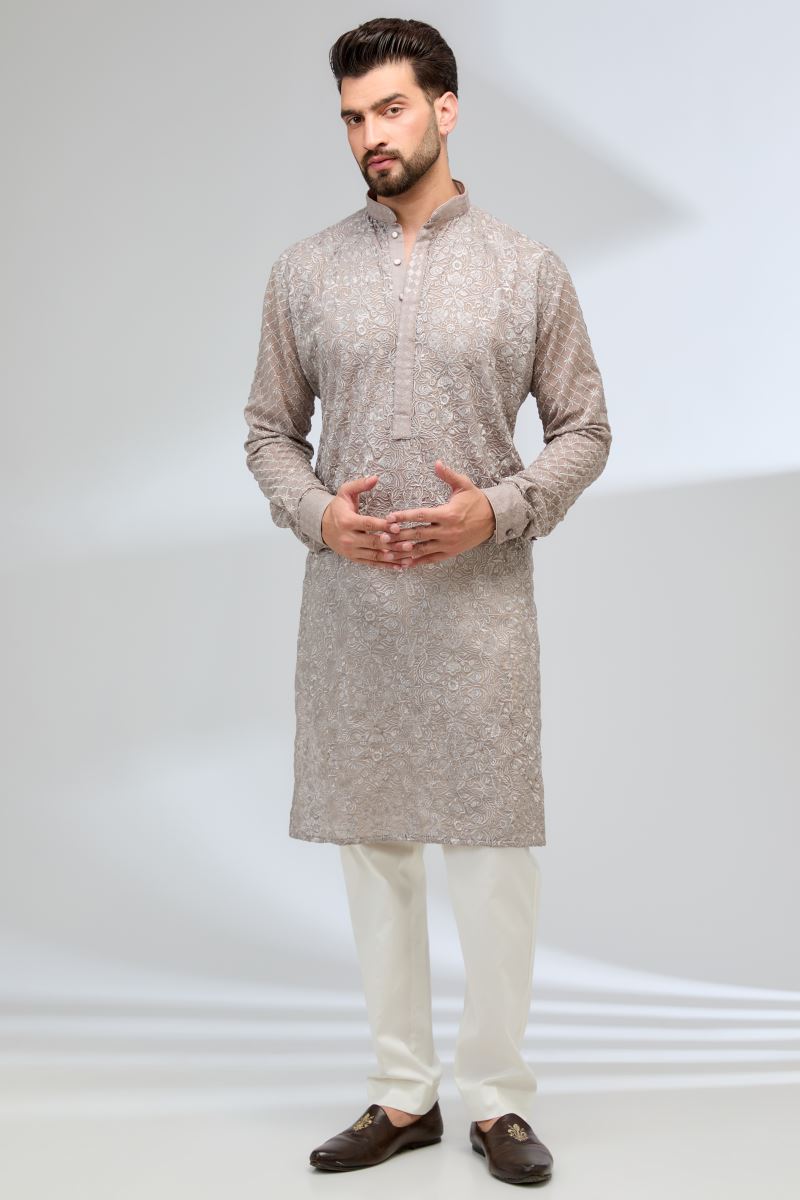 GREY GEORGETTE FULLY THREAD KURTA WITH PANTS