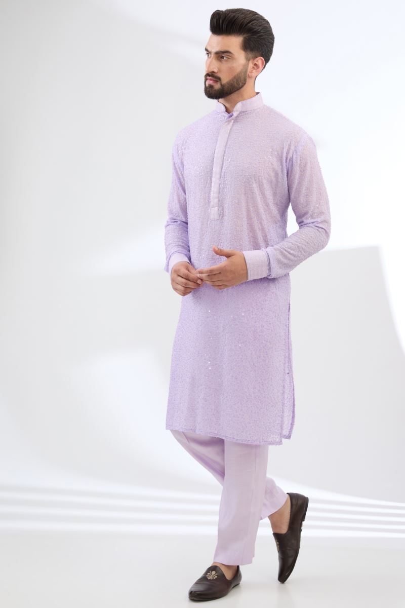 LILAC GEORGETTE FULLY EMBROIDERED KURTA WITH PANTS