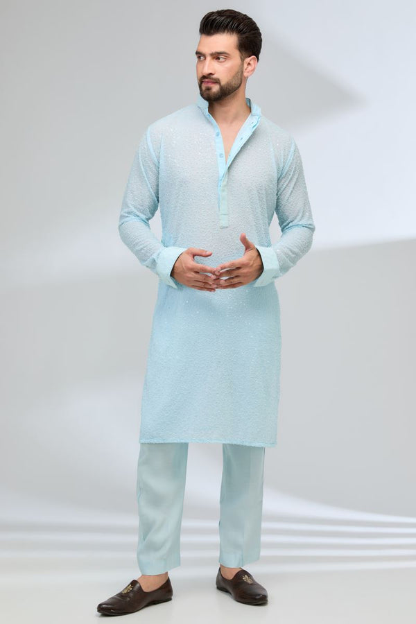 AQUA GEORGETTE FULLY EMBROIDERED KURTA WITH PANTS