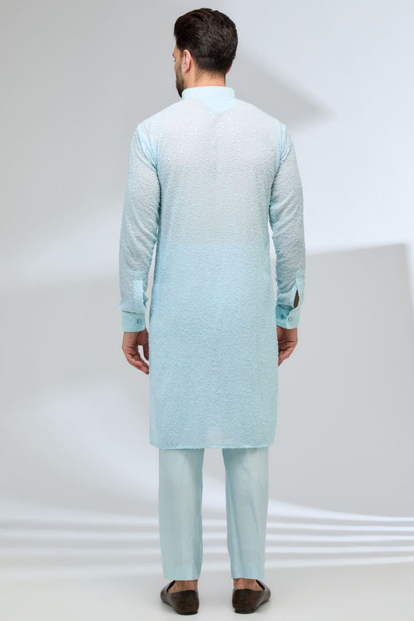 AQUA GEORGETTE FULLY EMBROIDERED KURTA WITH PANTS