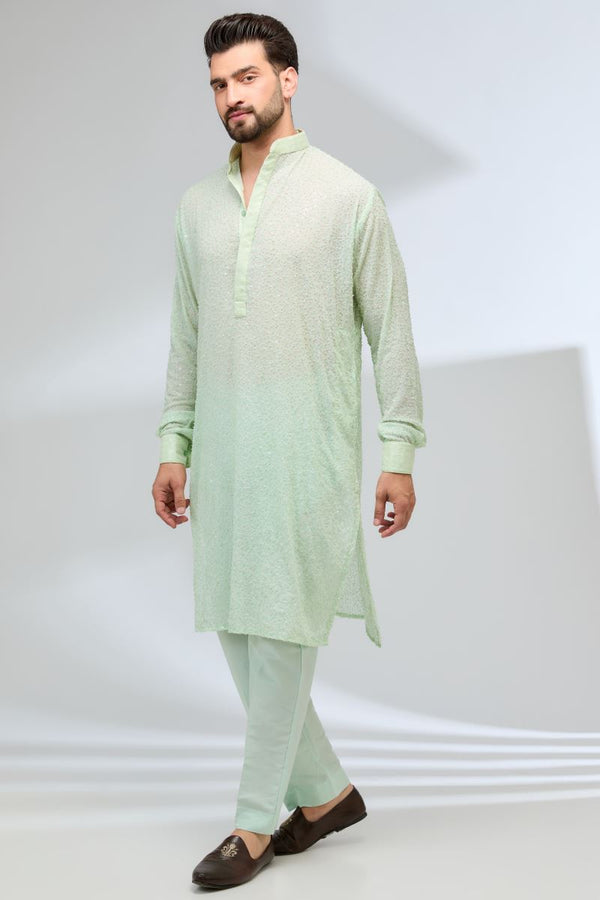 MINT GREEN GEORGETTE FULLY EMBROIDERED KURTA WITH PANTS