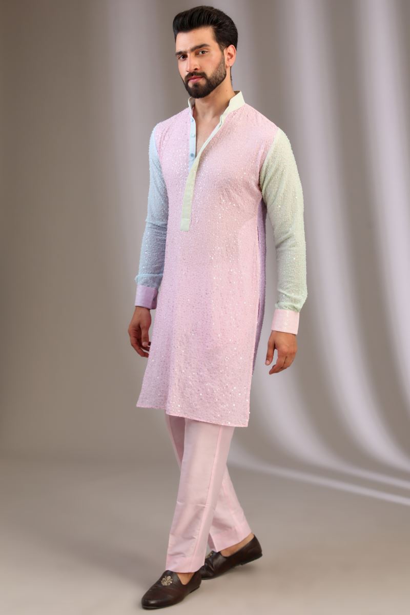 AQUA/GREEN/PINK FULLY EMBROIDERED KURTA WITH PANTS