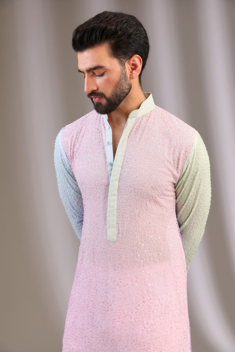 AQUA/GREEN/PINK FULLY EMBROIDERED KURTA WITH PANTS