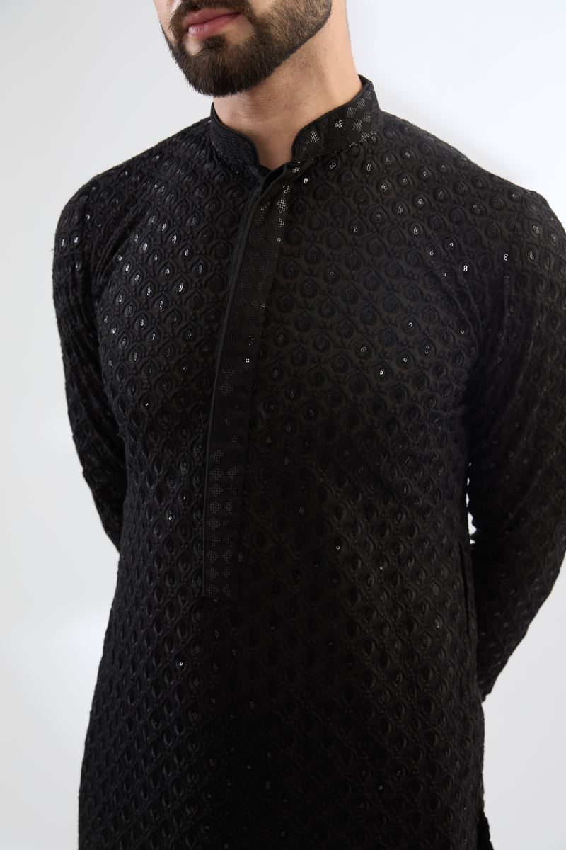 BLACK FULLY THREAD WORK KURTA WITH PANTS