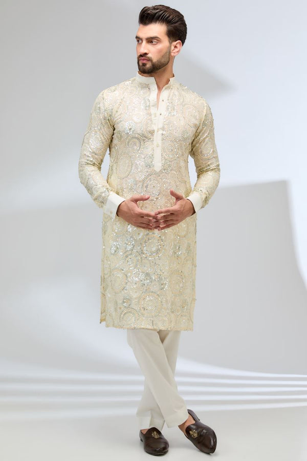 IVORY GEORGETTE FULLY SEQUINS EMBROIDERED KURTA WITH PANTS