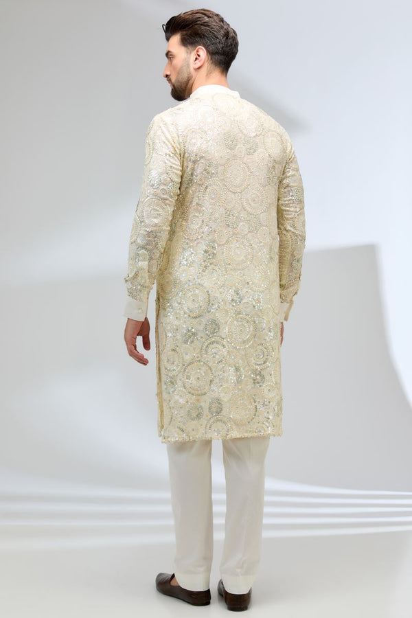 IVORY GEORGETTE FULLY SEQUINS EMBROIDERED KURTA WITH PANTS