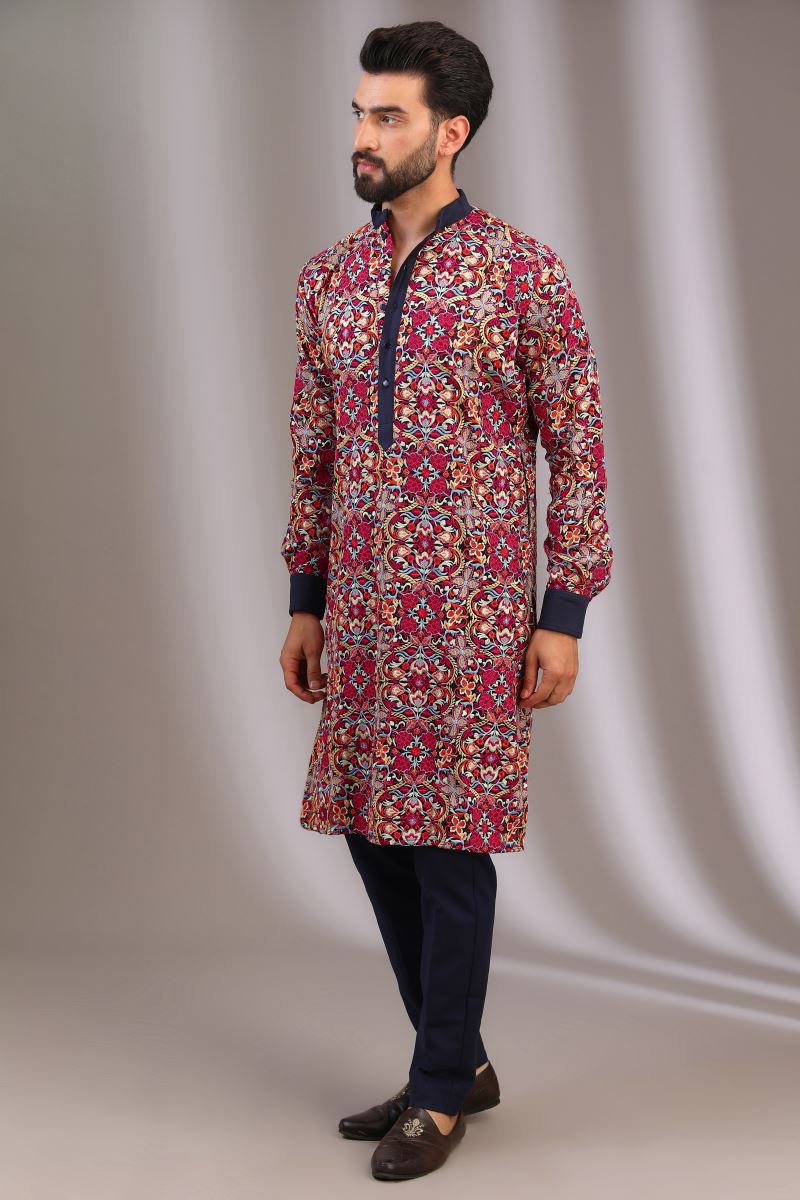 BLUE MULTI COLOR SILK THREAD JAAL KURTA WITH PANTS