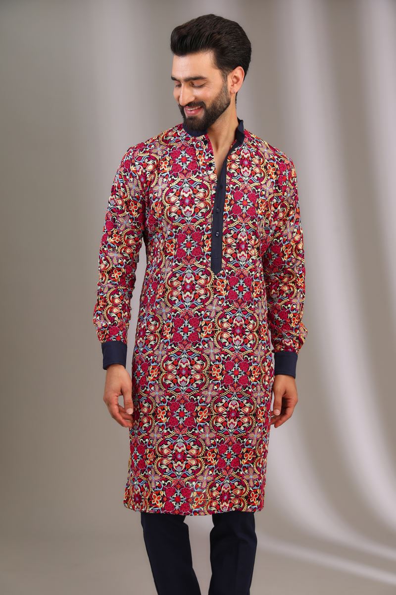 BLUE MULTI COLOR SILK THREAD JAAL KURTA WITH PANTS