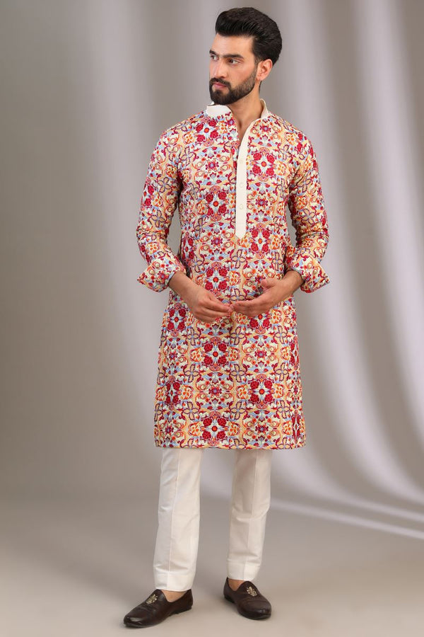 IVORY MULTI COLOR THREAD JAAL KURTA WITH PANTS