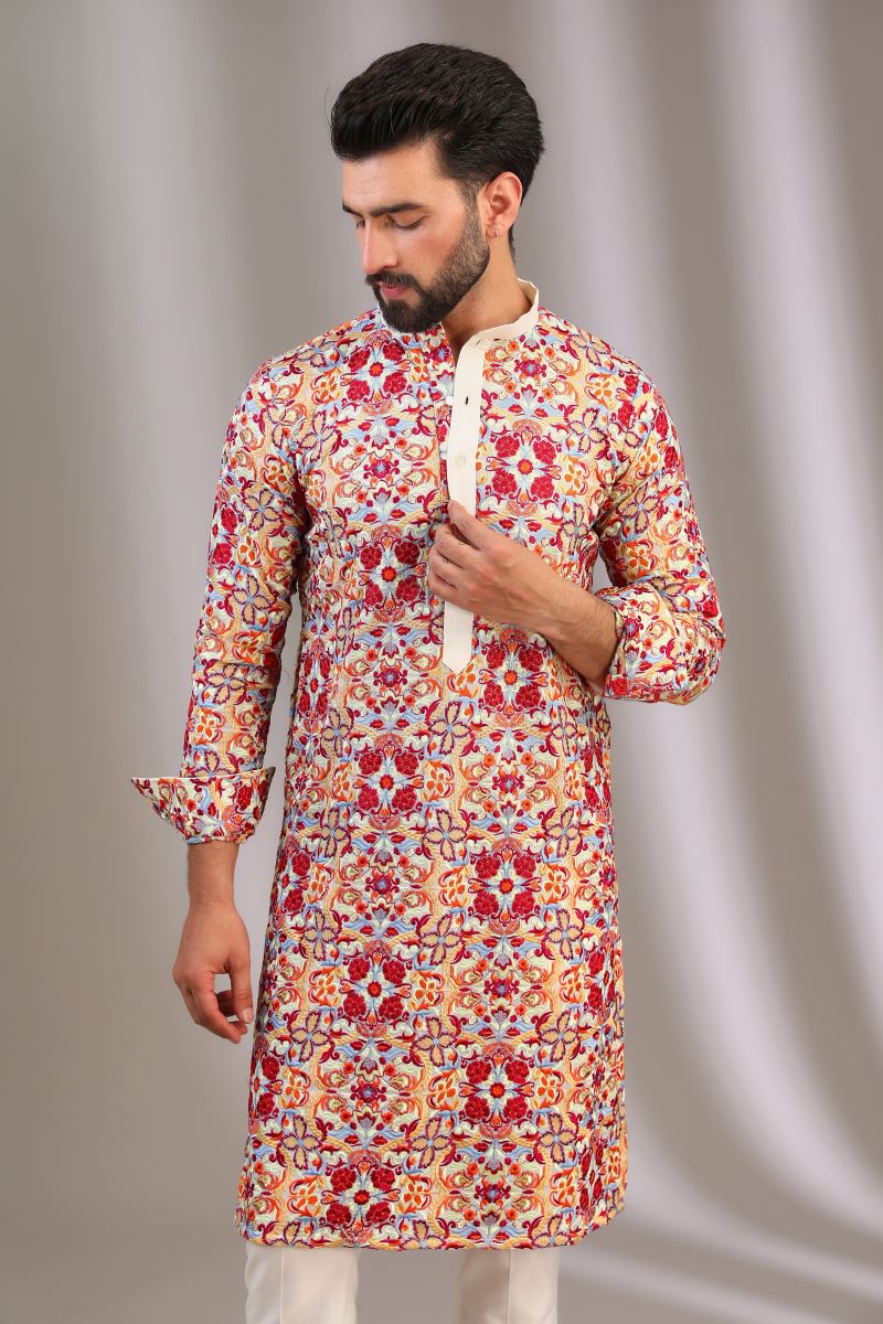 IVORY MULTI COLOR THREAD JAAL KURTA WITH PANTS