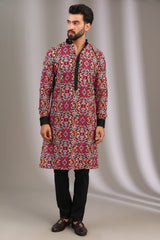 BLACK MULTI COLOR THREAD JAAL KURTA WITH PANTS