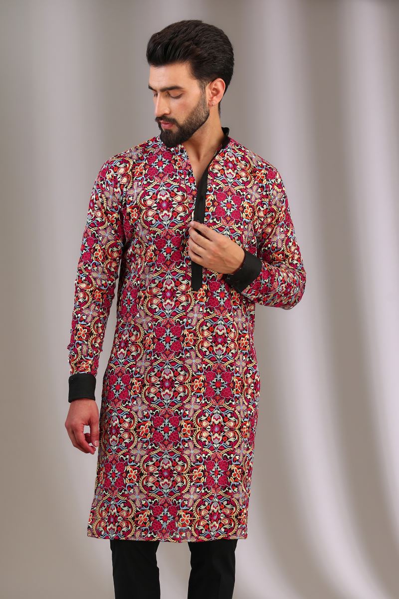 BLACK MULTI COLOR THREAD JAAL KURTA WITH PANTS