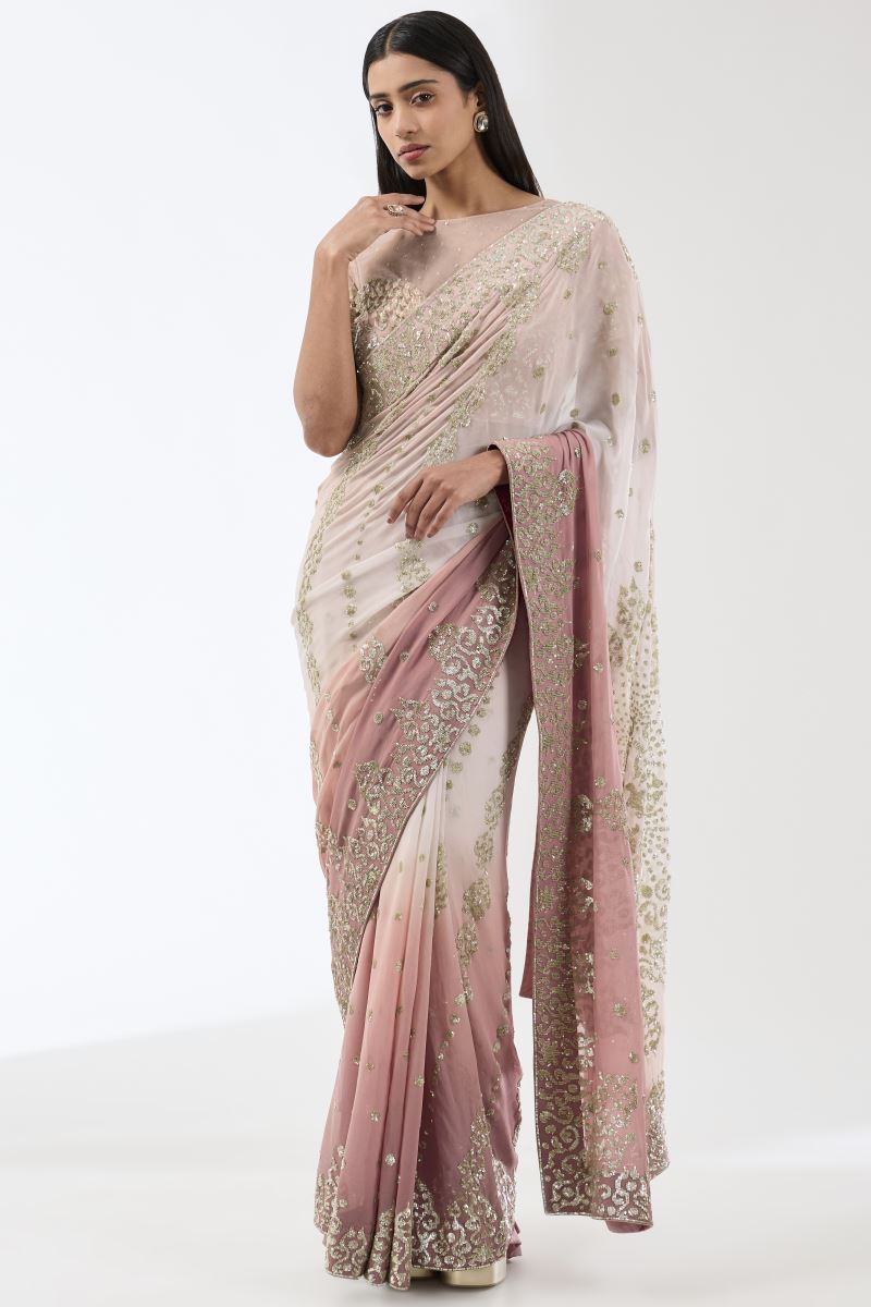 NABIA OLD ROSE PINK HAND EMBROIDERED SARI SET