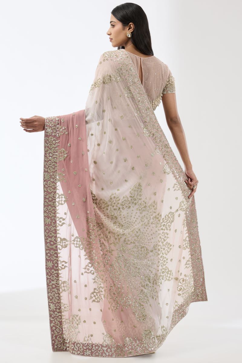 NABIA OLD ROSE PINK HAND EMBROIDERED SARI SET