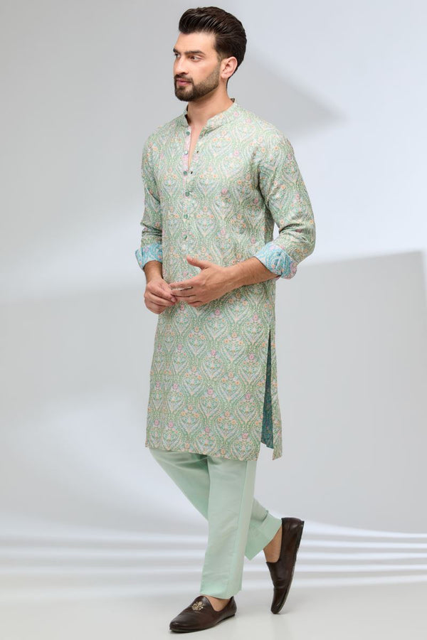 GREEN THREADWORK FULLY EMBROIDERED KURTA WITH PANTS