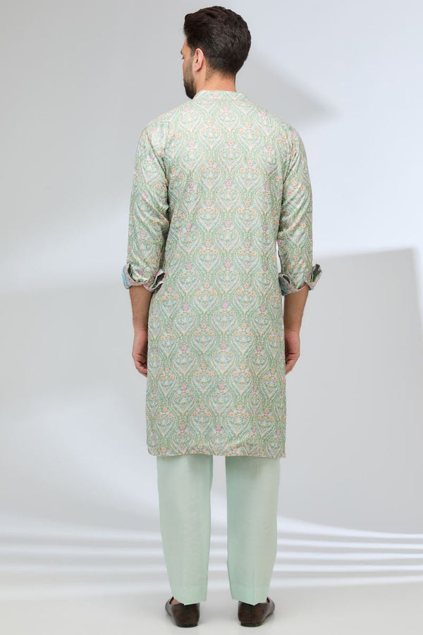 GREEN THREADWORK FULLY EMBROIDERED KURTA WITH PANTS