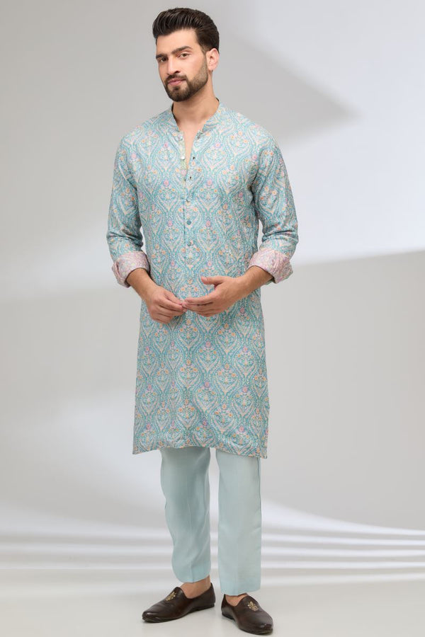 TURQUOISE THREAD WORK FULLY EMBROIDERED KURTA WITH PANTS