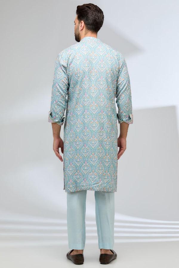 TURQUOISE THREAD WORK FULLY EMBROIDERED KURTA WITH PANTS