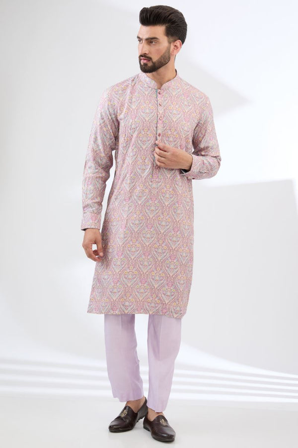 PINK FRONT EMBROIDERED AND BACK PRINTED KURTA WITH PANTS