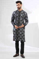 BLACK AND GREY SHIBORI PRINT KURTA WITH PANTS