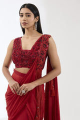 SAIRAA RED STITCHED SARI SET