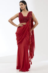 SAIRAA RED STITCHED SARI SET