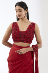 SAIRAA RED STITCHED SARI SET