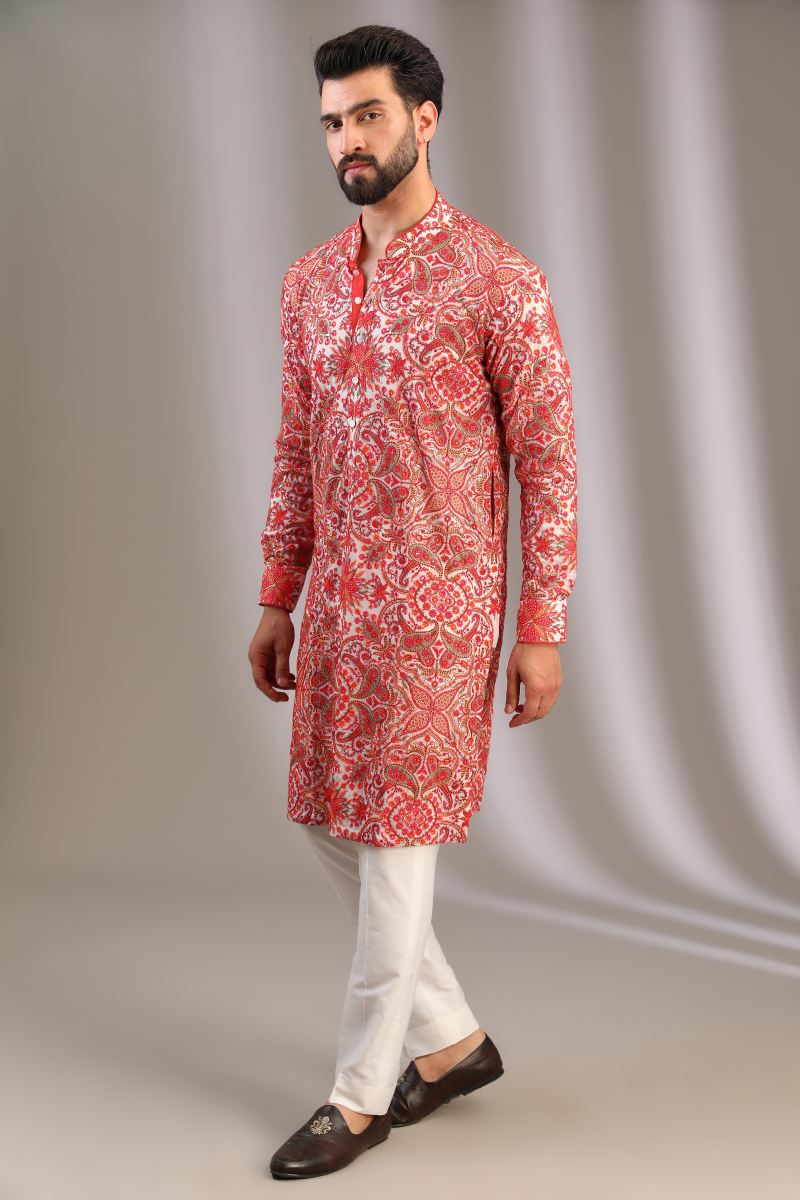 IVORY MULTI COLOR THREAD JAAL UNLINED KURTA WITH PANTS