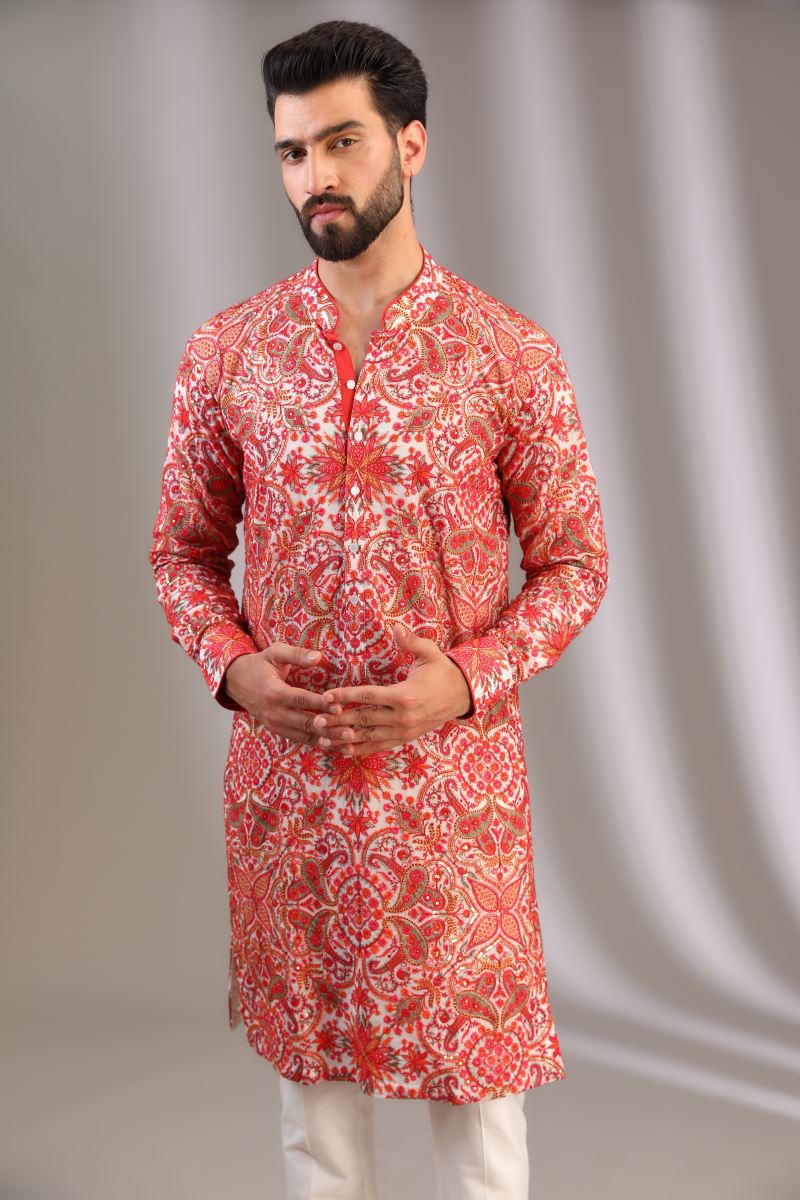 IVORY MULTI COLOR THREAD JAAL UNLINED KURTA WITH PANTS