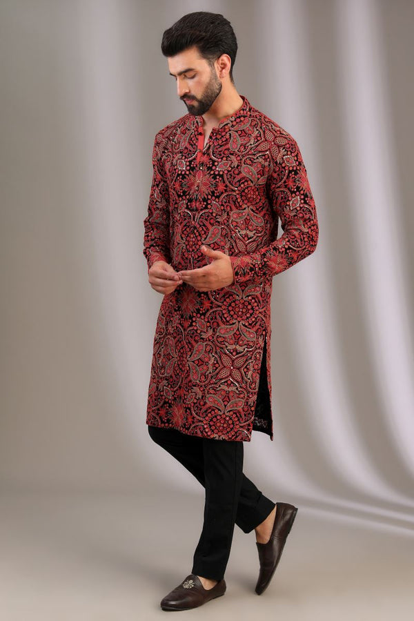 BLACK FULLY SILK THREAD EMBROIDERED UNLINED KURTA WITH BLACK PANTS