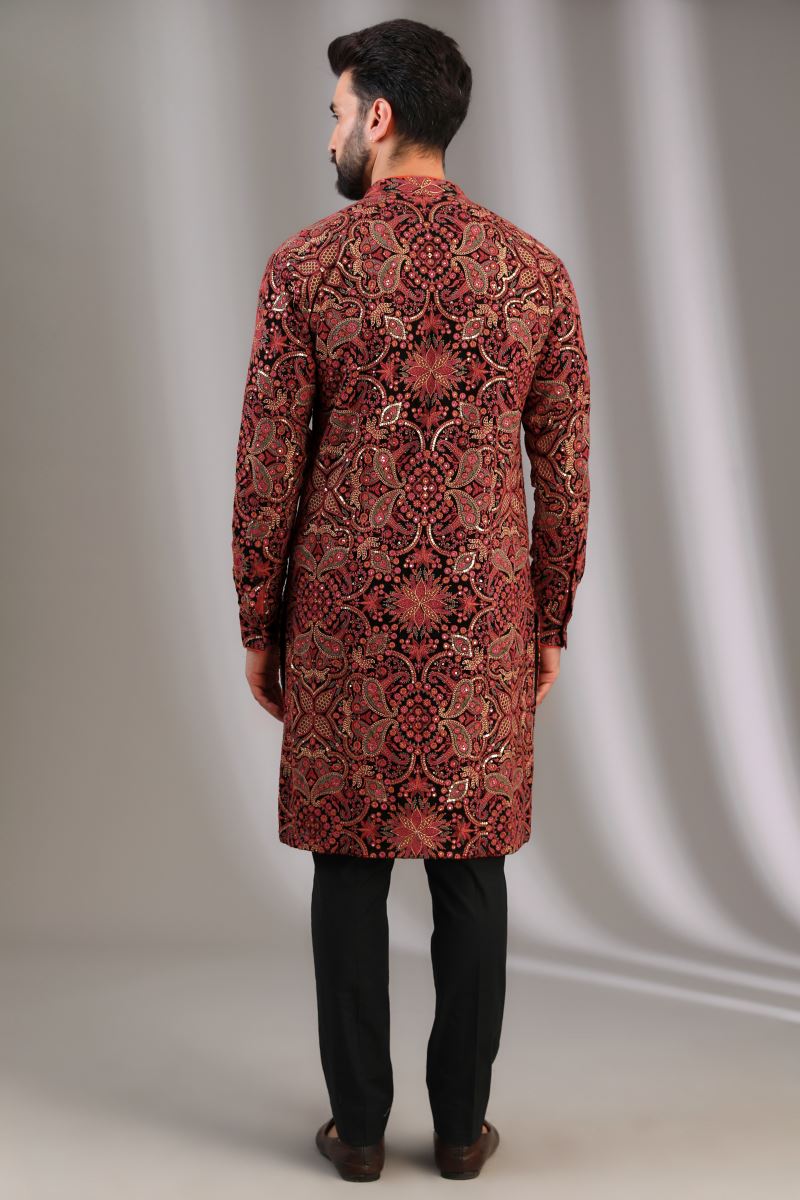 BLACK FULLY SILK THREAD EMBROIDERED UNLINED KURTA WITH BLACK PANTS