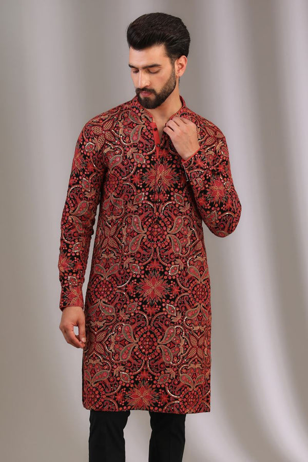 BLACK FULLY SILK THREAD EMBROIDERED UNLINED KURTA WITH BLACK PANTS