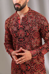 BLACK FULLY SILK THREAD EMBROIDERED UNLINED KURTA WITH BLACK PANTS