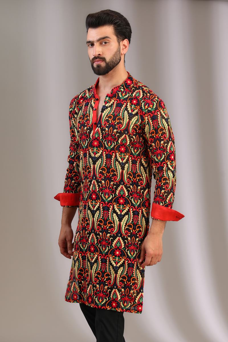 BLACK MULTI COLOR SILK THREAD KURTA WITH PANTS