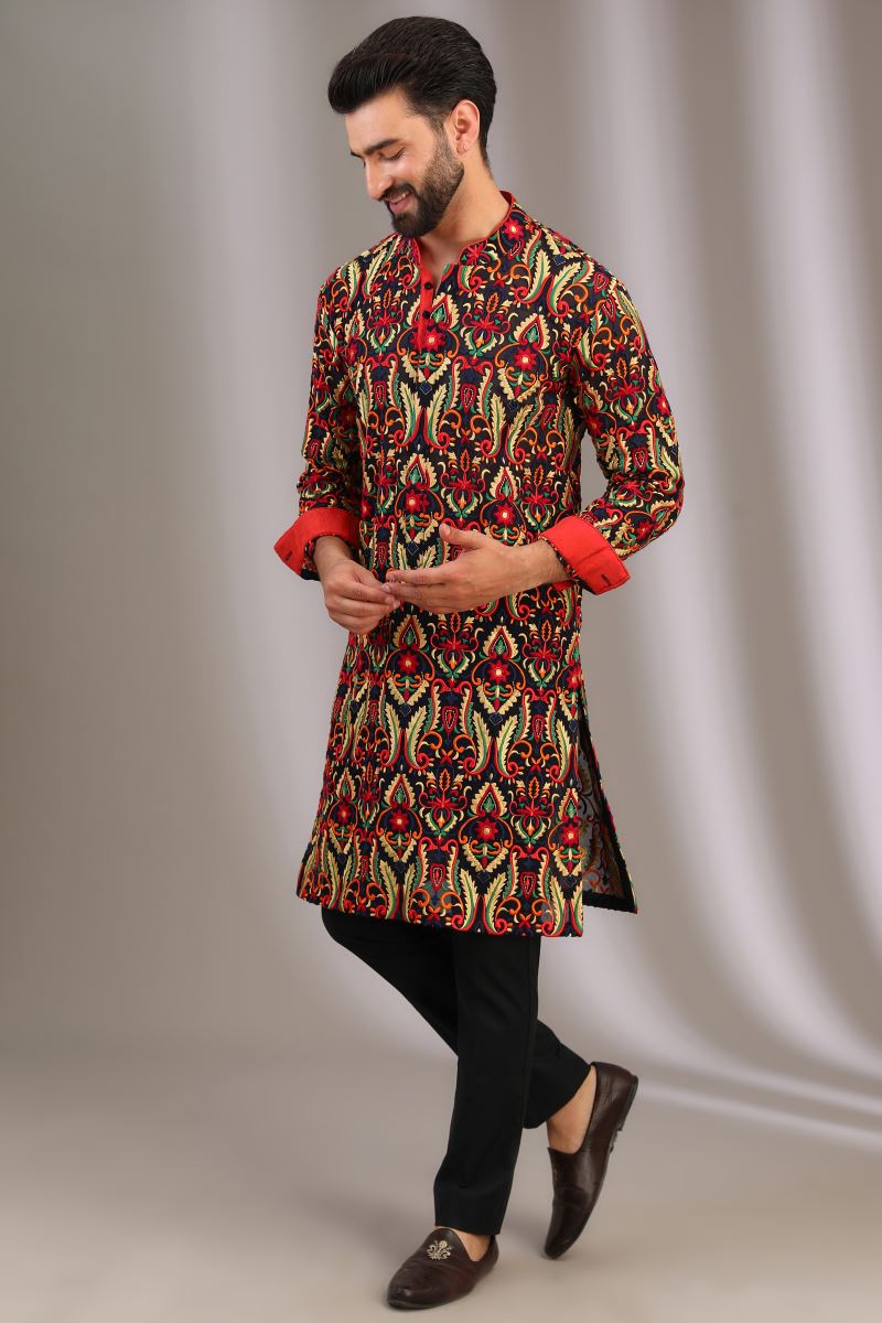 BLUE MULTI COLOR SILK THREAD JAAL KURTA WITH COTTON SILK PANTS