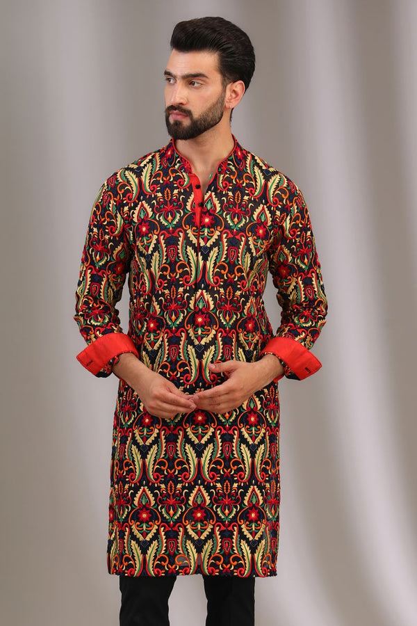 BLUE MULTI COLOR SILK THREAD JAAL KURTA WITH COTTON SILK PANTS