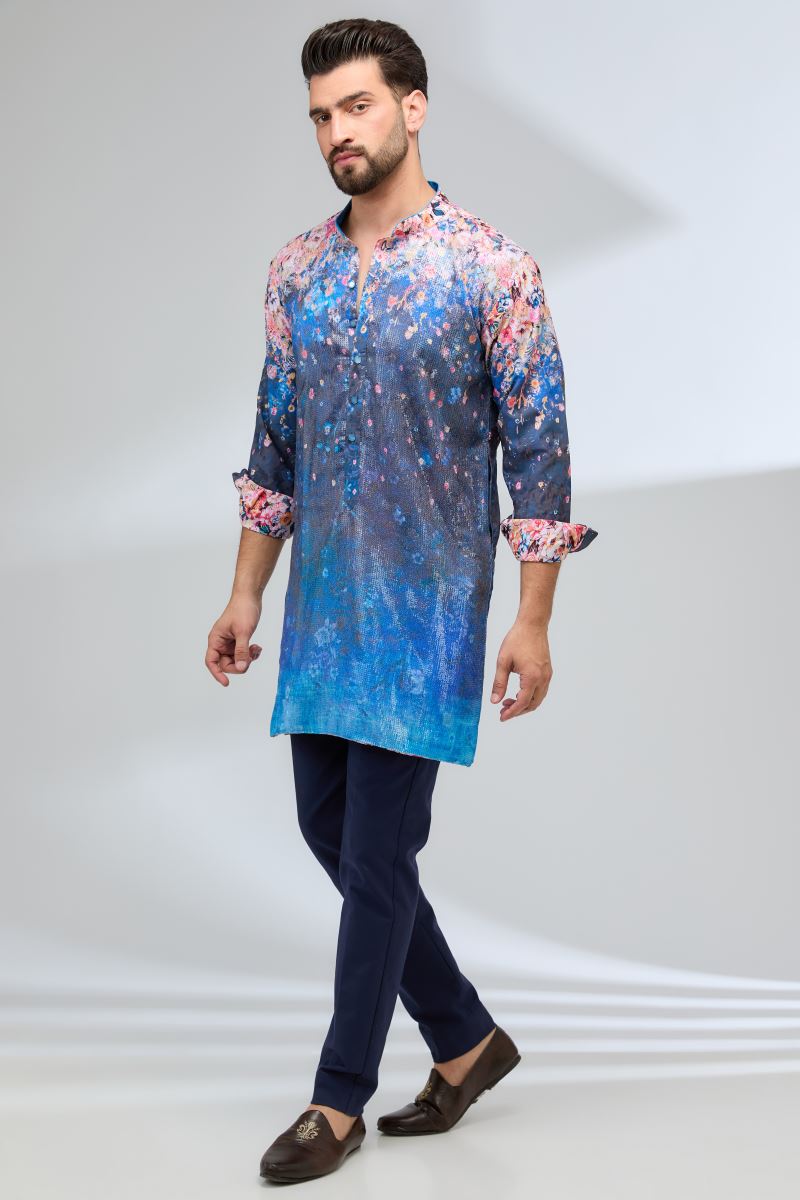 INDIGO BLUE WITH MULTI COLOR  FLOWER BURST PRINT KURTA AND PANTS