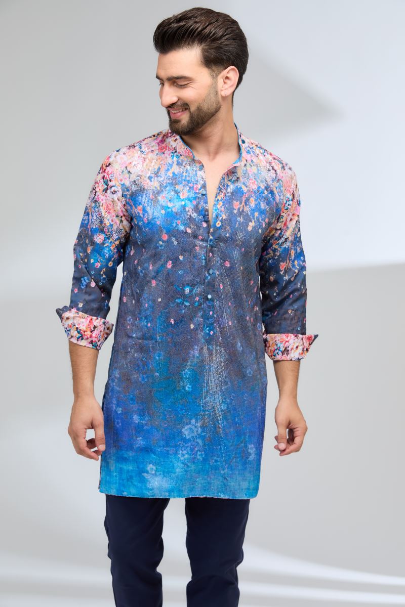 INDIGO BLUE WITH MULTI COLOR  FLOWER BURST PRINT KURTA AND PANTS