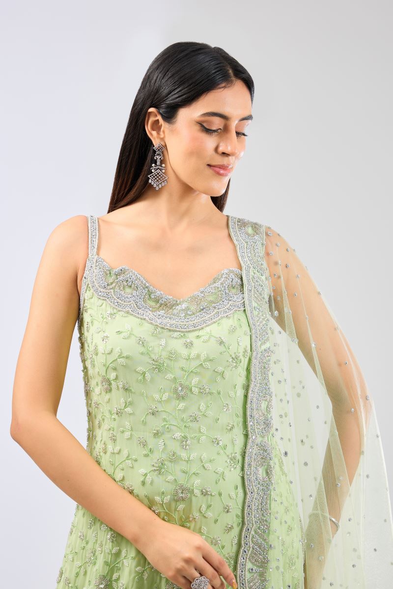 AYAT LIME GREEN GEORGETE  FULL HAND WORK KURTA WITH GHARARA AND DUPATTA