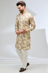 CREAM RAW SILK RESHAM ROSES EMBROIDERED KURTA WITH PANTS