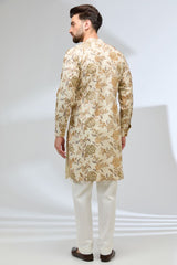 CREAM RAW SILK RESHAM ROSES EMBROIDERED KURTA WITH PANTS