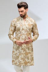 CREAM RAW SILK RESHAM ROSES EMBROIDERED KURTA WITH PANTS